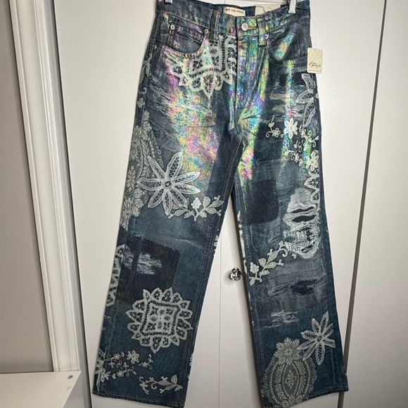 Free People We The Free Tinsley Printed High Rise Illusion Jeans Straight 28 NWT - Picture 5 of 6